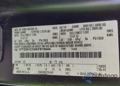 2019 Ford F-150 Xlt from USA, damaged, VIN 1FTEW1C55KFB18644